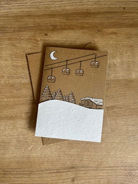 Christmas Doodles Reindeer, Ski Cards Handmade, Christmas Cards Handmade Brown Card, Snowy Christmas Cards, Christmas Cards Paper Crafts, You Got This Cards Handmade, Christmas Card Brown Paper, Skiing Christmas Card, Homemade Card Christmas