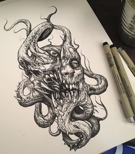 Satanic Tattoos, Monster Tattoo, Skull Sleeve Tattoos, Arte Doodle, Scary Tattoos, 4 Tattoo, Creepy Tattoos, Tatuaje A Color, Horror Tattoo