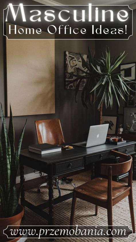 Design a masculine office with luxurious and comfortable touches. 🌿🪑⚫ Add masculine home office decor with metal accents and moody lighting. 🕯️🖋️ Include small office ideas for men that maximize space while maintaining a polished aesthetic. 🌿 It’s all about a space that exudes style and productivity. #masculineofficedecorprofessional #homeofficeideasmasculine #menhomeofficeideas #smallhomeoffices #masculinehomeofficeideas #modernmasculineoffice #masculineofficedecor #maleofficeideas Small Man Office Ideas, Carpeted Office Ideas, Office Ideas For Men Rustic, Mans Office Space, Home Office Ideas Black Desk, Home Office Color Palette Ideas, Men’s Home Office Ideas, Masculine Home Office Decor, Small Office Ideas For Men