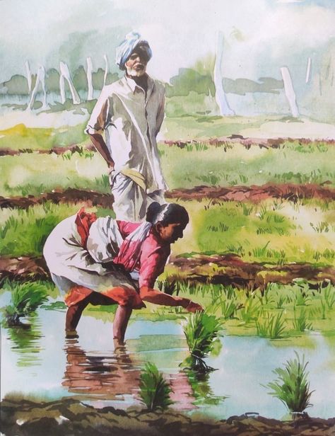 Farmer Watercolor Paintings, Village Life Sketch, Village Watercolour Painting, Landscape With People Drawing, Indian Farmer Painting, Indian Village Watercolor Painting, Village Life Composition, Village Life Painting Indian, Watercolour Composition Painting