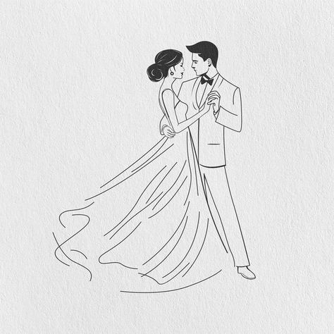 Bride And Groom Outline, Drawing Bride And Groom, Dancing Couples Drawings, Wedding Dance Illustration, Dance Couple Drawing, Couple Dance Drawing, Wedding Drawing Couple, Wedding Couple Art, Bride And Groom Drawing