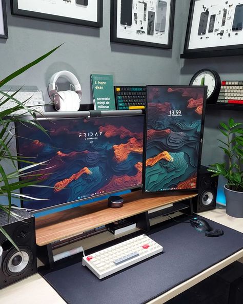 Click visit for more info | #workspaces #setupwars #setuptour #setupinspiration #onmydesk #officesetup #officeinspo #officegoals #officedesign #officedecor #office #minimalsetups #macsetup #dreamsetup #desktour #deskgoals #cleansetups #applesetup #appledesign #workspace #techsetup #workfromhome Tech Desk Setup, Minimalist Desk Setup, Gaming Computer Room, Desk Organizing, 40 Gifts, Wallpapers Abstract, Setup Inspiration, Dual Monitor Setup, Workspace Ideas