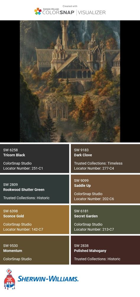 Literature Color Palette, Dark Academia Aesthetic Sherwin Williams, Jewel Tone Color Palette Sherwin Williams, Sherwin Williams Historic Colors, Rivendell Color Palette, Victorian Interior Color Palette, Sherwin Williams Jewel Tones, Sherwin Williams Dark Academia Colors, The Hobbit Color Palette