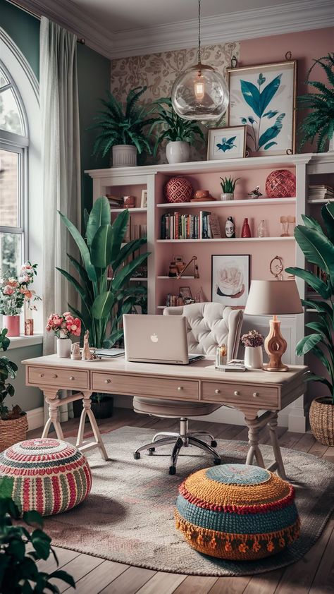 Bring the outdoors in with nature-inspired decor for your home office. Boost your productivity and earnings with a refreshing workspace. Find more tips on our blog! #homeofficeinspiration #homeinteriordesign #bohohomedecor #inspirationalofficedecor #homeofficedecor #workfromhomeopportunities #decoration #chichomedecor #homeofficeideas #homeofficeinspiration Office Idea For Women, Home Office Ideas Plants, Dreamy Office Spaces, Cute Office Decor Ideas, Whimsical Office Ideas, In Home Office For Women, Home Office Zoom Background Wall, Floral Office Decor, Art Studio Ideas Workspaces