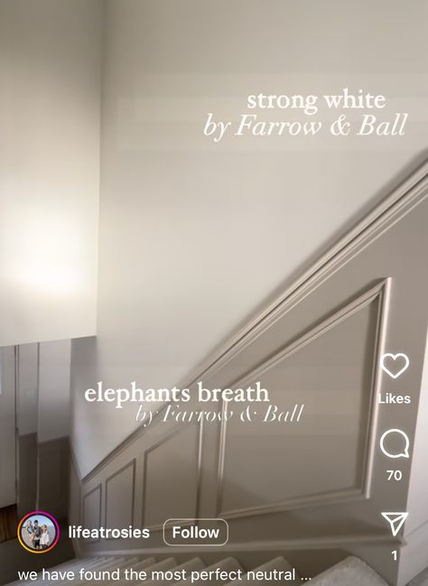 Stair And Landing Ideas Paint Colors, Farrow And Ball Hallway Panelling, Wall Molding Ideas Stairs, Greige Staircase, Farrow Ball Paint Colours, Grey Floor Hallway, Hall Stairs Decor Ideas, Elephant Breath Hallway, Tongue And Groove Hallway Stairs