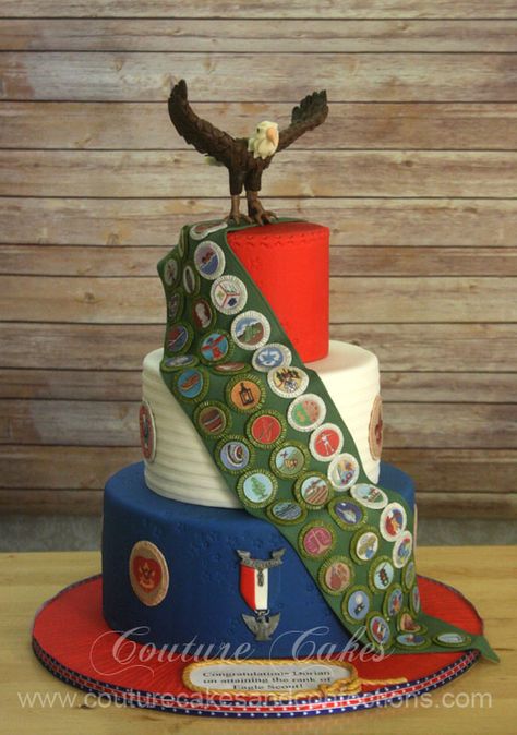 eagle scout cake | View more images of this Eagle Scout Cake on our website at http://www ... Eagle Scout Cakes Ideas, Eagle Court Of Honor Cake, Eagle Scout Court Of Honor Ideas, Tiered Candle, Eagle Scout Project Ideas, Boy Scout Cake, Eagle Scout Cake, Boy Scout Activities, Eagle Ceremony