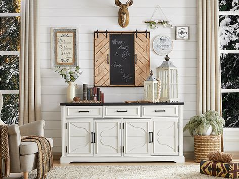 Coffee Tea Bar Ideas, Tea Bar Ideas, Cabinet For Dining Room, Bar Storage Cabinet, Farmhouse Sideboard Buffet, Farmhouse Buffet, Elegant Farmhouse, Farmhouse Sideboard, Sideboard Storage Cabinet