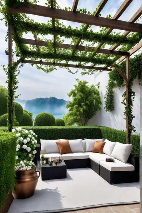 Backyard pergola with climbing plants Pergola Climbing Plants, Estate Landscaping, Private Backyard Oasis, Backyard Sanctuary, Private Backyard, Garden Estate, Backyard Privacy, Backyard Pergola, Backyard Playground