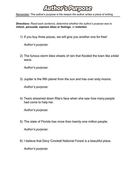 Author's Purpose online worksheet for Grade 4. You can do the exercises online or download the worksheet as pdf. Authors Purpose Worksheet, Authors Purpose Anchor Chart, Authors Purpose Activities, Author's Purpose Worksheet, Upper Elementary Reading, The Worksheet, Authors Purpose, 5th Grade Reading, Language Art