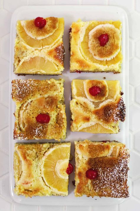 Pineapple Upside Down Gooey Butter Cake - A Beautiful Mess Upside Down Pineapple Cake, Ooey Gooey Butter Cake, Upside Down Pineapple, Gooey Cake, Gooey Butter, Gooey Butter Cake, Vanilla Cake Mixes, Meringue Buttercream, Swiss Meringue