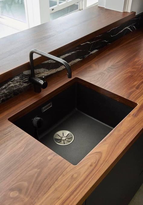 Black Sink Oak Worktop, Dark Wood Kitchen Counter, Black Sink Wood Countertop, Dark Kitchen Wooden Worktop, Black Kitchen With Wood Countertop, Black Kitchen Wooden Worktop, Dark Oak Countertop Kitchen, Teak Countertop Kitchen, Wood Benchtop Kitchen