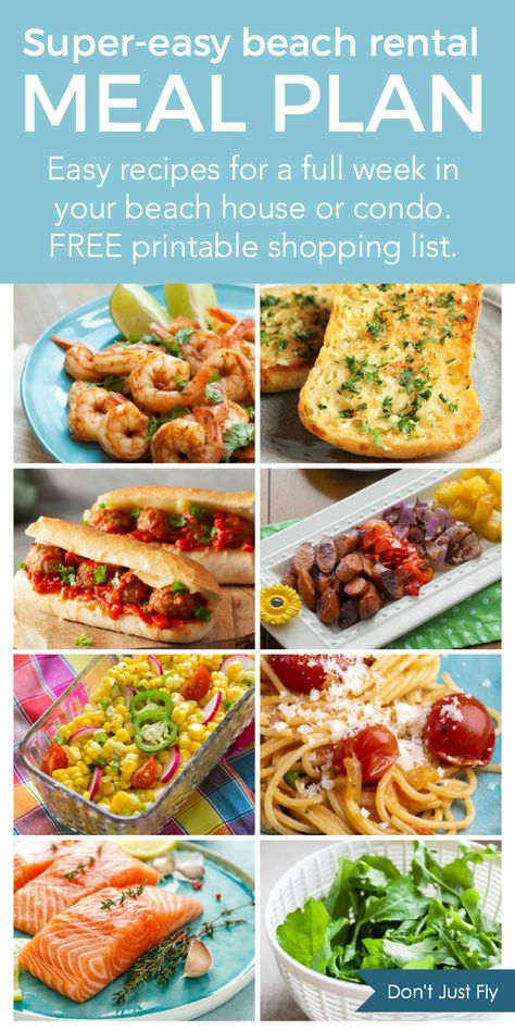 An entire weekly meal plan for cooking in your beach house or beach condo rental for your family vacation. Save money on the trip, eat better, and stay safe this summer! Don't miss the free printable grocery list with everything you need to order for grocery deliveries to your door. Family Vacation Meals, Beach Vacation Meals, Easy Vacation Meals, Vacation Meal Planning, Cottage Recipes, Camping Meal Planning, Cottage Meals, Beach Dinner, Vacation Meals