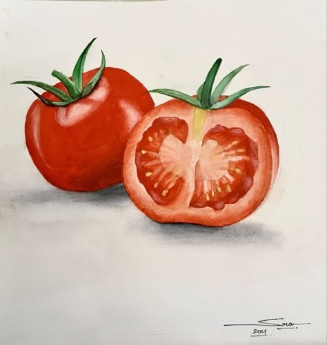 Painting Of Tomatoes, Tomato Watercolor Paintings, Tomato Painting Watercolors, Watercolour Food Art, Watercolour Fruit Painting, Watercolour Tomato, Fruits Watercolor Painting, Draw Tomato, Tomatoes Painting