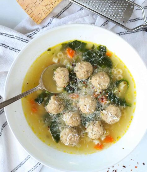 This Italian Wedding Soup is delish! Try this comfort meal today. Italian Wedding Soup With Chicken Meatballs, Mini Meatball Soup, Soup With Noodles, Soups To Make, Chicken Meatball Soup, Ground Chicken Meatballs, Tomato Tortellini Soup, Chicken Meatball, Chicken Minis