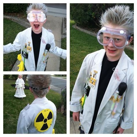 DIY Mad Scientist Halloween Costume Idea Scientist Dress Up, Mad Scientist Couple Costume, Mad Science Halloween, Evil Scientist Costume, Mad Scientist Costume Diy, Science Halloween Costumes, Inventor Costume, Crazy Scientist Costume, Female Mad Scientist