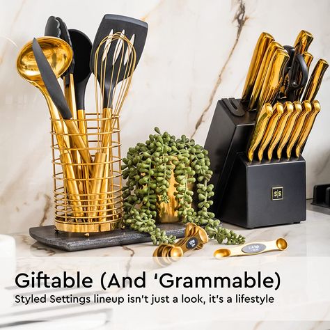 HIGH QUALITY MEETS HIGH STYLE – this silicone black and gold utensils set combine the best of function and form; food-grade silicone is nonstick and BPA-free; also highly durable and resistant to cold and hot temperatures ranging from -22 Fahrenheit to 400 Fahrenheit, making this 17-piece black utensils set perfectly suited for all your kitchen needs
CUSTOMER SATISFACTION GUARANTEE Gold Measuring Cups, Gold Kitchen Utensils, Black And Gold Kitchen, Gold Utensils, Gold Kitchen Accessories, Kitchen Utensils Set, Silicone Cooking Utensils, Measuring Cups And Spoons, Melted Plastic