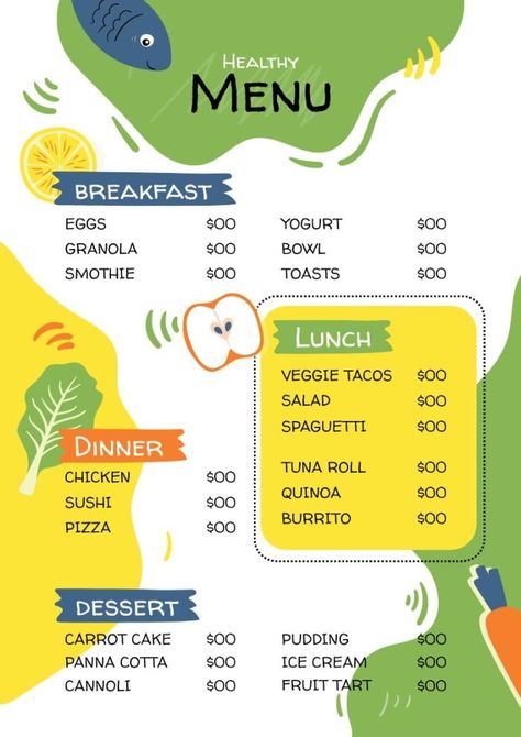 Hand-drawn Breakfast, Lunch And Dinner Healthy Food Menu Breakfast Lunch Dinner Menu Printable, Menu Card Design, Menu Layout, Healthy Food Menu, Food Menu Template, Dinner Healthy, Balanced Meals, Menu Card, Cannoli