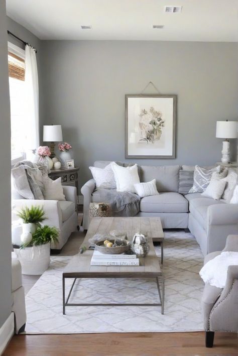 SW Light French Gray (0055) Living Room Serenity: Top Pick 2024! - upgradesign.blog Light French Grey Living Room, Light Grey Farmhouse Living Room, Living Room Paint Color Ideas Grey Couch, Living Room Light Gray Walls, Light Grey Walls Living Room Decor, Gray Wall Living Room Ideas, Light Grey Living Room Ideas, Light Gray Living Room Ideas, Light Grey Walls Living Room