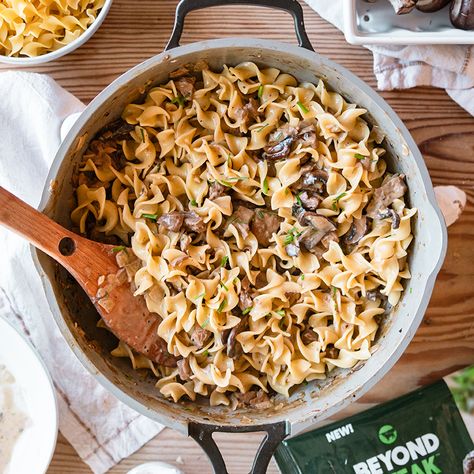 Beyond Steak Stroganoff CREATED BY: Emily Meador (@lettuce.thrive) Serves: 2 Beyond Beef Recipes, Beyond Steak, Vegetarian Pot Pie Recipe, Steak Stroganoff, Vegan Stroganoff, Vegan Meat Recipe, Vegetarian Pot Pie, Mushrooms And Onions, Steak Pasta