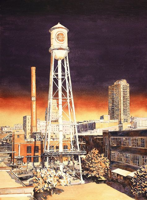 Watercolor painting of water tower on the American Tobacco Campus in downtown Durham, NC at sunsetOriginal 22x30" painting- SOLDPrinted on photographic paper and hand signed by the artist. Fine art prints are shipped in cardboard mailing tube, sealed in watertight plastic sleeve. USPS Priority Mail (1-3 days) with tracking and insurance (domestic US).Painted by Raleigh, NC artist Ryan Fox. Ryan Fox is a signature member of the American Watercolor Society as well as 6 state and regional societies Painting Of Water, Charlotte Skyline, Skyline Painting, Painting Water, Durham Nc, Landscape Artwork, Rural Landscape, Water Tower, Plein Air Paintings