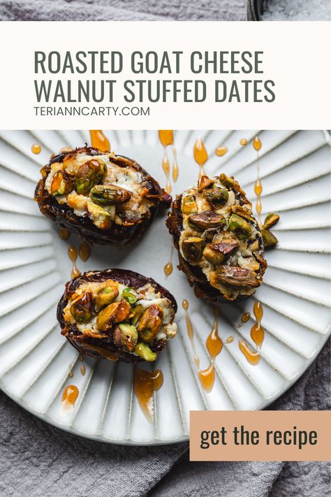 Walnut & Goat Cheese Stuffed Dates (with Spicy Honey!) Goat Cheese Dates Appetizer, Date Appetizer Recipes, Stuffed Dates Recipes Appetizers, Goat Cheese Dates, Goat Cheese Stuffed Dates, Honey Appetizers, Cheese Stuffed Dates, Goat Cheese Appetizer, Stuffed Dates