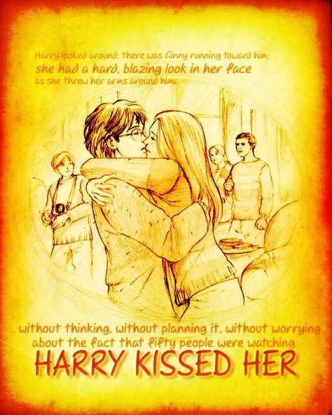 Harry and Ginny book kiss scene Hinny Fan Art Kisses, Ginny Fan Art, Harry And Ginny Fan Art, Ginny Weasley Fan Art, Gryffindor Tower, Ginny Potter, Harry Ginny, Kiss Books, Harry Potter Ginny