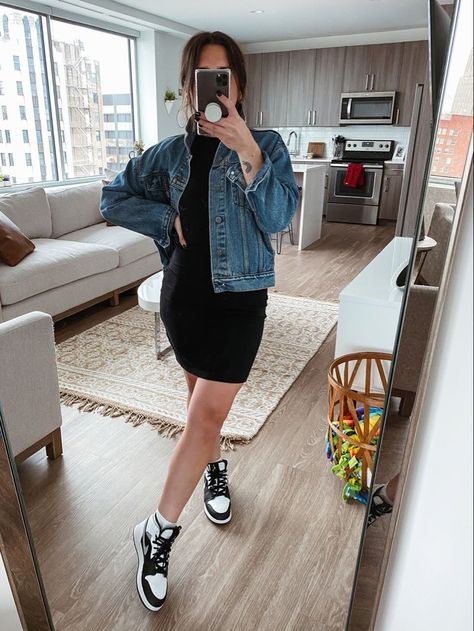 Jordan Mid 1 Outfit, Air Jordan Mid 1 Outfit, Jordans And Dresses Outfits, Outfits Con Jordan Mujer, Dress With Jordans, Jordan Outfits Womens, Panda Outfit, Jordan 1 Outfit Women, Dress And Sneakers Outfit