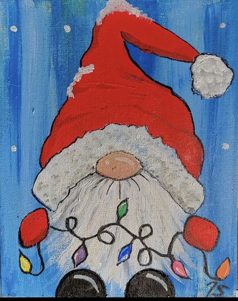 Country Christmas Paintings, Simple Christmas Canvas Painting Ideas, Easy Gnome Painting, Gnome Christmas Painting, Nome Christmas Painting, Christmas Gnome Painting, Christmas Painting Ideas Gnome, Christmas Canvas Painting Ideas, Christmas Gnome Painting Tutorial