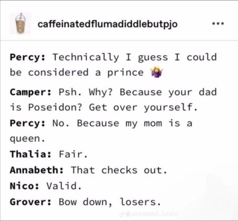 Percy Jackson Funny Memes Hilarious, Pjo Memes Funny, Sally Jackson, Daughter Of Athena, Percy Jackson Comics, Percy Jackson Ships, Zio Rick, Percy Jackson Head Canon, Frank Zhang