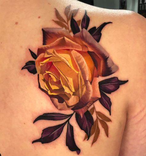 rose tattoo Golden Rose Tattoo, Gold Rose Tattoo, Rose Leaves Tattoo, Rose Back Tattoo, A Rose Tattoo, Rose Tattoo On Back, Meaning Art, Flowers Tattoos, Leaves Tattoo