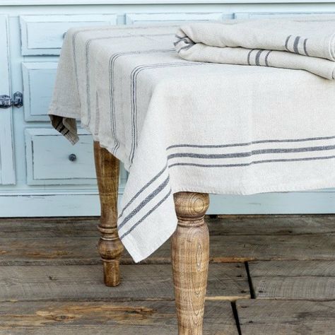 Little Farmstead: Have You Seen These?! {Farmhouse Inspiration, Posts, and Fun Finds} Painted Fox Home, Build A Farmhouse Table, Farmhouse Tablecloths, Striped Tablecloths, English Decor, Farmhouse Inspiration, French Stripes, Striped Table, Shabby Chic Farmhouse