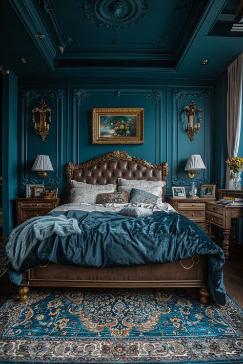 29 Dark Feminine Bedroom Ideas for a Sophisticated Space 22 Dark Teal Bedroom, Feminine Bedroom Design, Edgy Bedroom, Blue And Gold Bedroom, Dark Cozy Bedroom, Monochrome Bedroom, Navy Blue Bedrooms, Blue Headboard, Cozy Bedroom Design