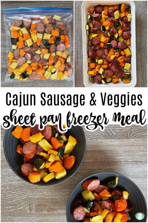 Cajun Sausage And Veggies, Veggie Freezer Meals, Recipes With Sausage Links, Vegetable Sheet Pan, Pregnancy Freezer Meals, Baby Meal Prep, Sausage Sheet Pan, Beef Freezer Meals, Sausage And Veggies