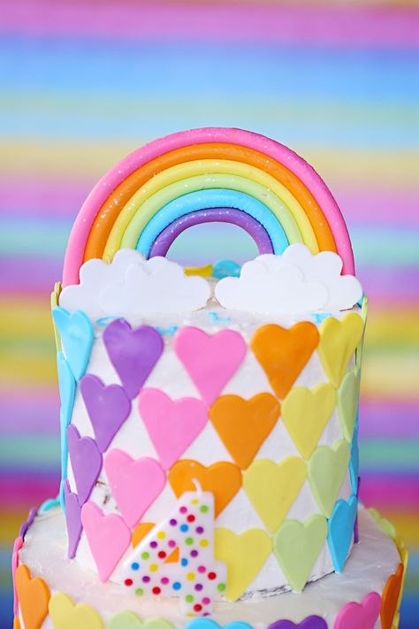 Rainbow cake top from a Rainbow Heart Birthday Party on Kara's Party Ideas | KarasPartyIdeas.com (6) Rainbow And Hearts Birthday Party, Rainbow Heart Birthday Party, Rainbow Heart Cake, Heart Birthday Party, Heart Birthday Cake, Rainbow Desserts, Cold Cake, Heart Birthday, Heart Cakes