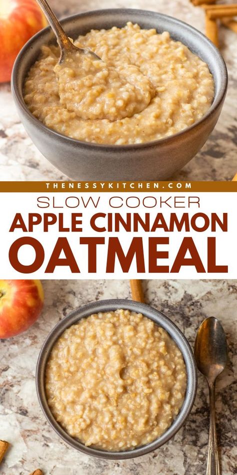 Wake up to this Slow Cooker Apple Cinnamon Oatmeal! Not only is this crockpot oatmeal an easy breakfast food, but it is also delicious. Save this simple fall recipe and enjoy some overnight oats! Variations on this apple food idea included! Easy Breakfast Food, Crockpot Oatmeal Overnight, Overnight Crockpot Breakfast, Slow Cooker Oats, Oatmeal Recipes Crockpot, Apple Food, Crockpot Oatmeal, Slow Cooker Oatmeal, Steel Cut Oats Recipe