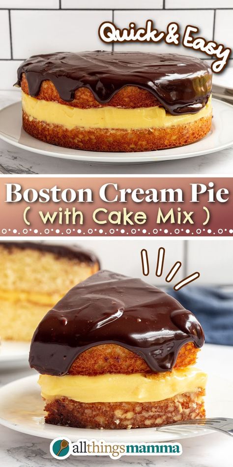 This easy Boston cream pie recipe might be made with a boxed cake mix, but it tastes just as good as the bakery version, with a rich chocolate glaze and creamy vanilla custard in the middle! Boston Cream Pie With a Boxed Cake Mix collage graphic made in Canva Easy Boston Cream Pie, Boston Cream Pie Cake, Boston Cream Pie Recipe, Boston Cream Cake, Pastry Cream Filling, Boston Cream Pie, Cream Pie Recipes, Boston Cream, Gateaux Cake