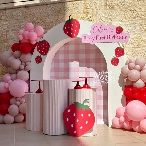 Strawberry Birthday Theme Ideas, Berry 1st Birthday Party, Strawberry Themed Birthday Party, Strawberry Shortcake Birthday Party, Baby First Birthday Themes, Strawberry Shortcake Birthday, Strawberry Party, First Birthday Themes, Graduation Theme