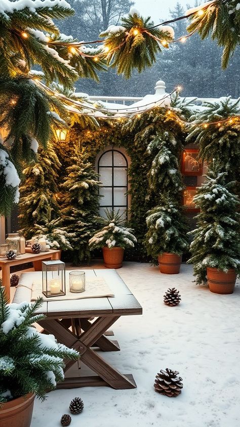 23 Evergreen Patio Decor Ideas For a Winter Wonderland - Toolz Geek Backyard Winter Wonderland, Dreamy Patio, Winter Patio, Outdoor Winter Decor, Winter Planters, Patio Decor Ideas, Winter Retreat, Winter Planter, Winter Outdoors