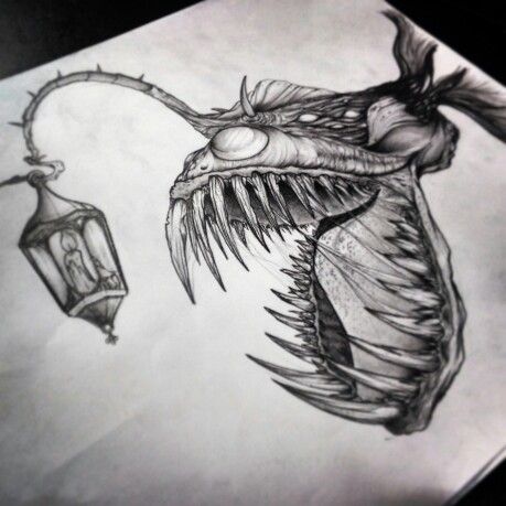 #Anglerfish draw by #alfredonajar #inksanity Angler Fish Tattoo, Biomech Tattoo, Creature Fantasy, Kunst Tattoos, Arte Doodle, Flash Sheet, Angler Fish, Fish Drawings, Desenho Tattoo