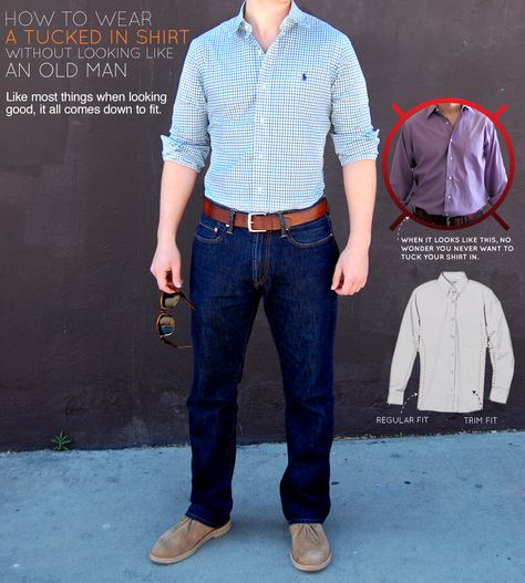 How to Wear a Tucked In Shirt Without Looking Like an Old Man | Primer Tuck In Shirt, Tucked In Shirt Outfit, Shirt Tucked Into Jeans, Tucked In Shirt, Shirt Sketch, Tuck Dress, Jeans Outfit Men, Shirt Tucked In, Fitted Shirt