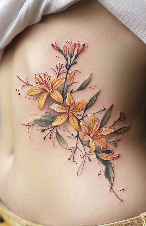 Honeysuckle And Sunflower Tattoo, Flower Tattoos Waist, Watercolor Honeysuckle Tattoo, Honey Suckle Tattoo Flower, Honey Suckle Flowers Tattoo, Yellow Flower Tattoo, Yellow Tattoos, Elegant Tattoos For Women, Yellow Flower Tattoos