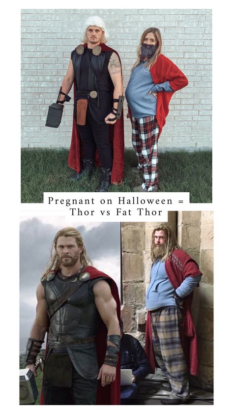 Pregnant Characters Halloween Costumes, Family Of 3 And Pregnant Halloween, Couple Costume Pregnant, Pregnant Superhero Costume, Funny Couple Halloween Costumes Diy, Pregnant Thor Costume, Pregnant Couple Costumes Halloween, Thor Couple Costume, Fat Thor Pregnancy Costume