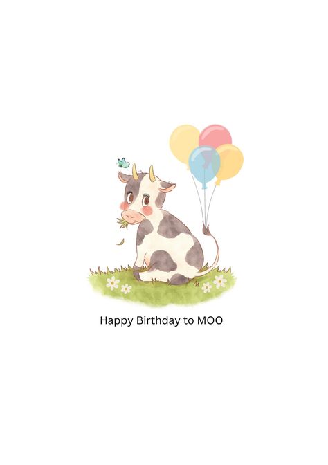 Cow Birthday Card, Generic, Happy Birthday to Moo, A5 portrait, Printable, instant download, Cow Birthday Cards, Happy Birthday Cow, Cow Puns, Birthday Cow, Cute Birthday Wishes, Watercolour Cards, Cow Birthday, Birthday Illustration, Creative Books