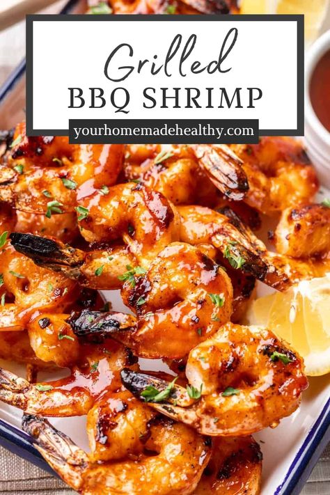 Upgrade your summer cookouts with this Grilled BBQ Shrimp! Juicy shrimp marinated in smoky seasonings, then grilled and brushed with sweet barbecue sauce for the best tender shrimp. Once you give it a try, it will be your go-to easy grilled shrimp recipe! Bbq Shrimp Marinade, Bbq Grilled Shrimp, Barbeque Shrimp, Easy Grilled Shrimp Recipes, Raw Shrimp Recipes, Grilled Shrimp Recipe, Shrimp Bbq Recipes, Barbecue Shrimp, Smoked Recipes