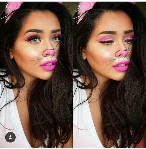 Pink Panther Makeup, Mac Twig Lipstick, Pink Panther Costume, Bunny Halloween Makeup, Mac Twig, Bunny Makeup, Bunny Diy, Meme Costume, Halloween Make-up Looks