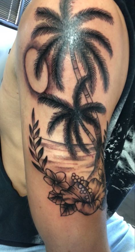 Palm Trees Tattoo, Beach And Flowers, Tropical Flower Tattoos, Trees Tattoo, Palm Tree Flowers, Tiki Tattoo, Favorite Tattoos, Tree Tattoos, Palm Tree Beach