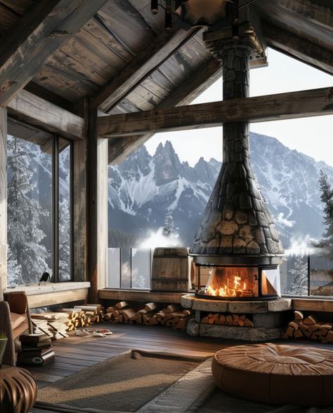 Cozy cabin with panoramic mountain views Cozy cabin interior Cozy cabin aesthetic Dream life house Cabin aesthetic Modern mountain home Rustic home design Small Alaskan Cabin, Lodge House Interior, Winter House Aesthetic, Cozy Living Rooms With Fireplace, Nordic Cabin Interior, Mountain Cabin Aesthetic, Winter Cabin Interior, Cabin Interiors Cozy, House In Mountains