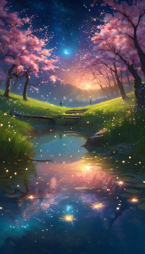 A spring landscape at night with a meadow illuminated by the soft glow of fireflies, cherry blossoms under a starry sky, and a serene moonlit pond. Fireflies Aesthetic, Landscape At Night, Wonderful Wallpapers, Different Moods, Mom In Heaven, Ombre Wallpapers, Neutral Wallpaper, Spring Landscape, Funny Wallpaper