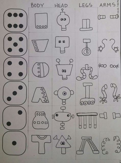 Roll a robot drawing worksheet Roll A Robot Dice Game, Roll A Drawing Game, Roll The Dice Drawing Game, Roll A Picture, Roll A Robot, Roll And Draw Free Printables, Roll A Dice Drawing Games, Roll A Drawing, Dice Drawing