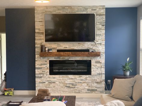 Bump Out Wall For Tv, Tv Bump Out Wall, Stone Wall With Tv And Fireplace, Stone Electric Fireplace With Tv, Accent Wall With Electric Fireplace And Tv, Wall Mounted Tv Fireplace, Tv Mounted On Fireplace, Mounted Tv Accent Wall, Electric Fireplace Stone Wall